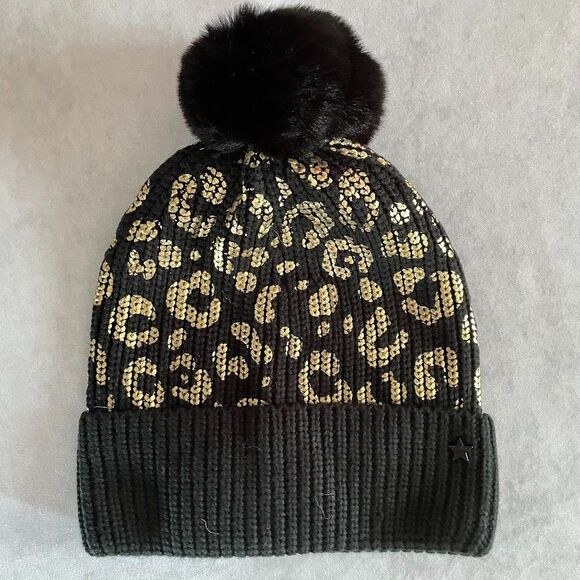 Jocelyn Black Beanie with Pompom Gold Metallic Foil Leopard Print Womens OS - Picture 4 of 8